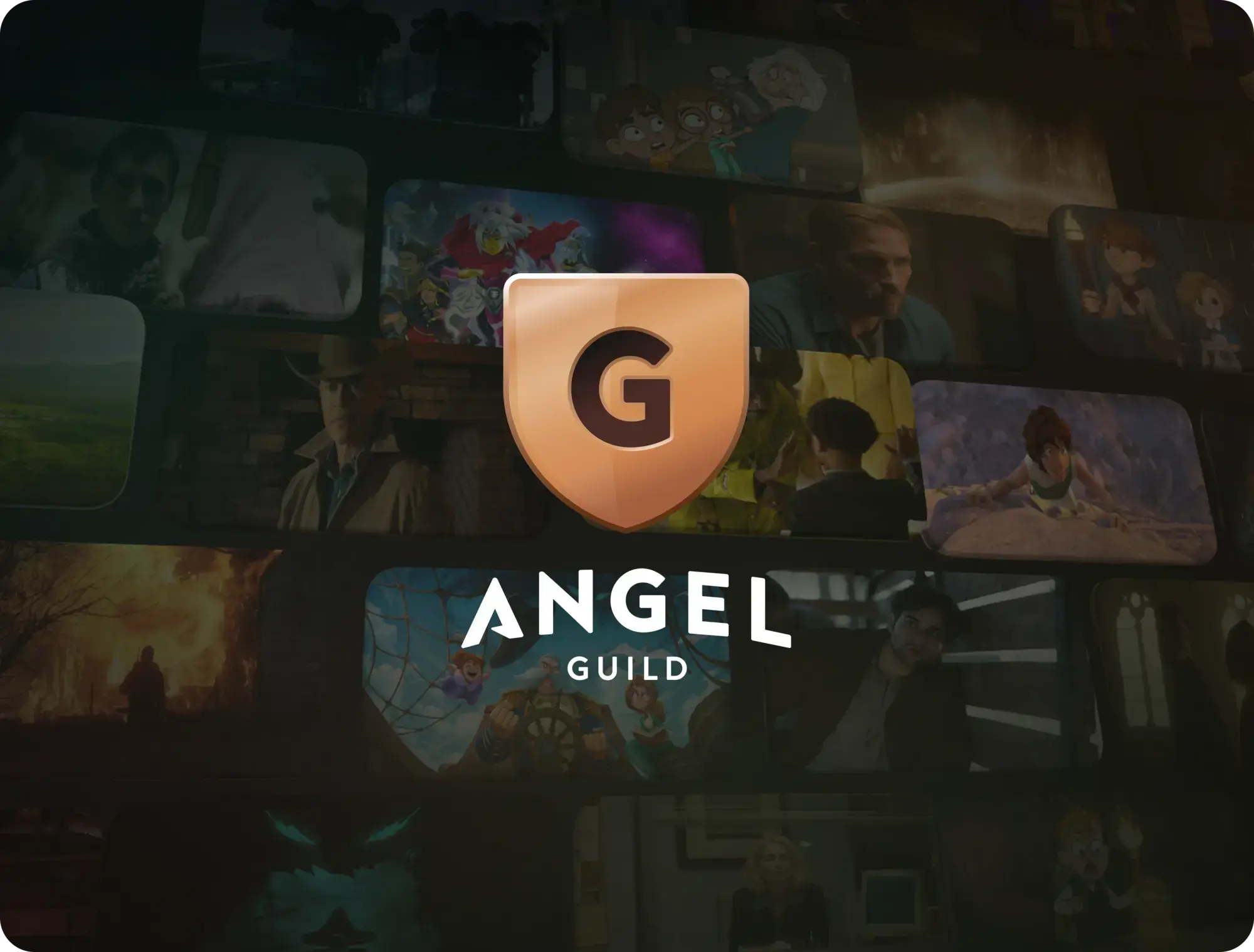 A collage of film stills with angel studio the guild logo font promoting membership