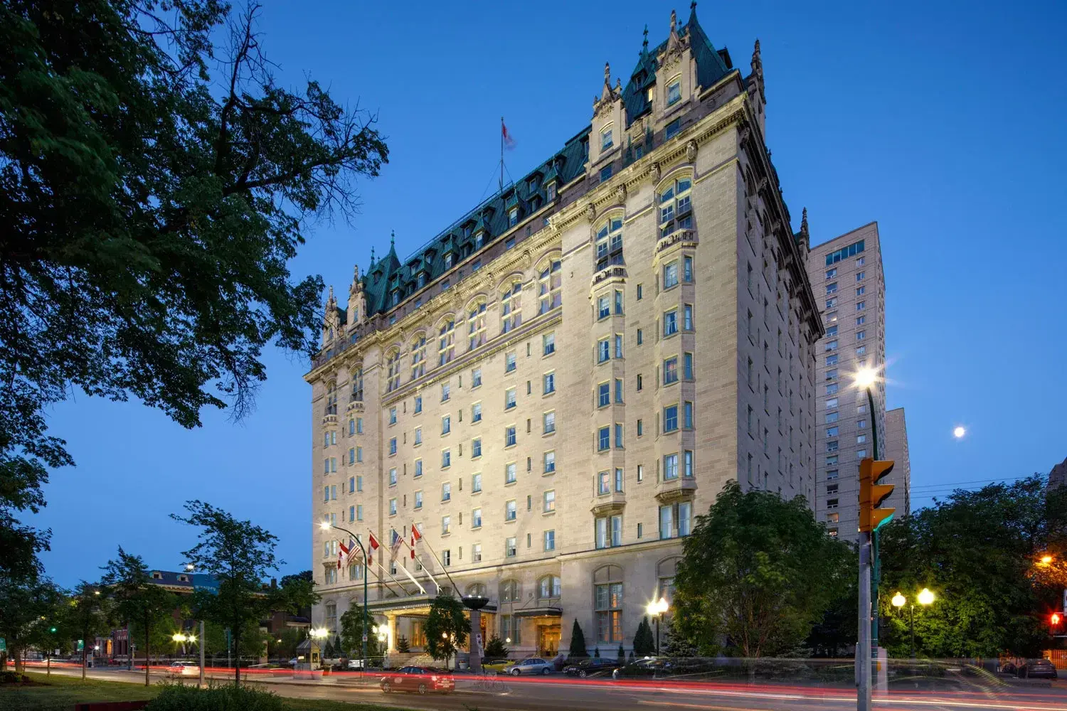 Architectural photo of the Fort Garry Hotel at twilight in Winnipeg