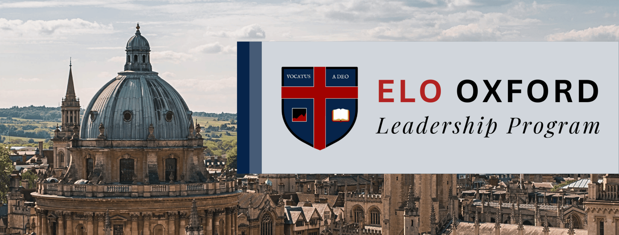 Graphic on top of an aerial photo of Oxford University with title Oxford Leadership Program 2026